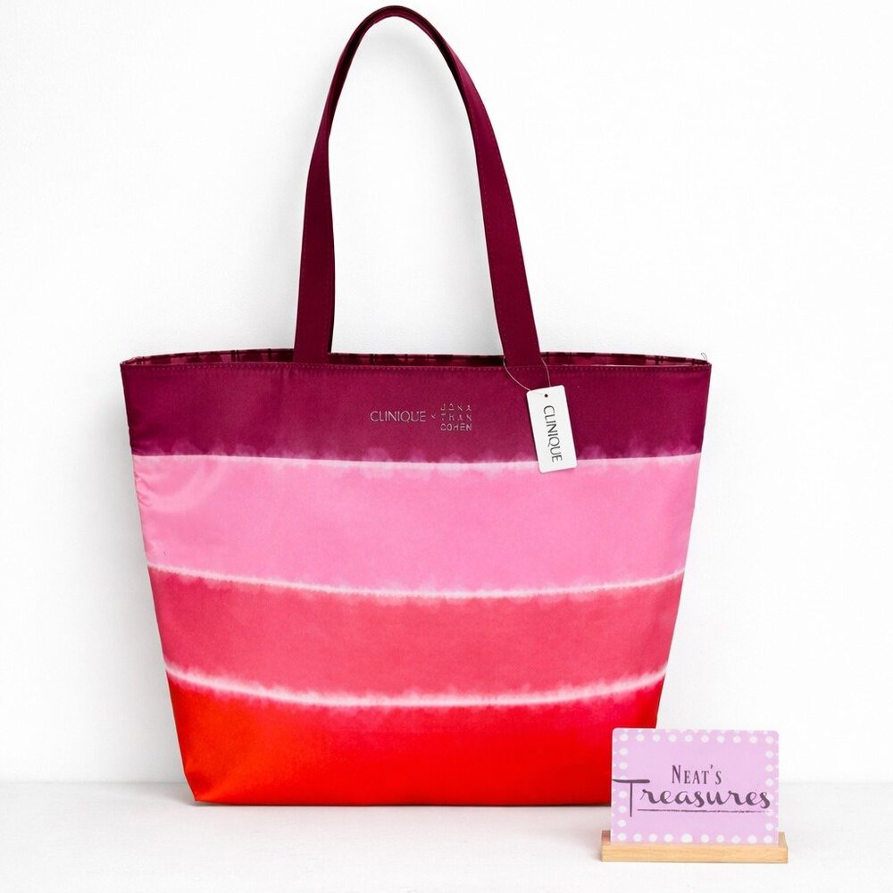 Clinique x Jonathan Cohen Pink Burgundy Stripe Medium Size Shopping Tote Bag NEW